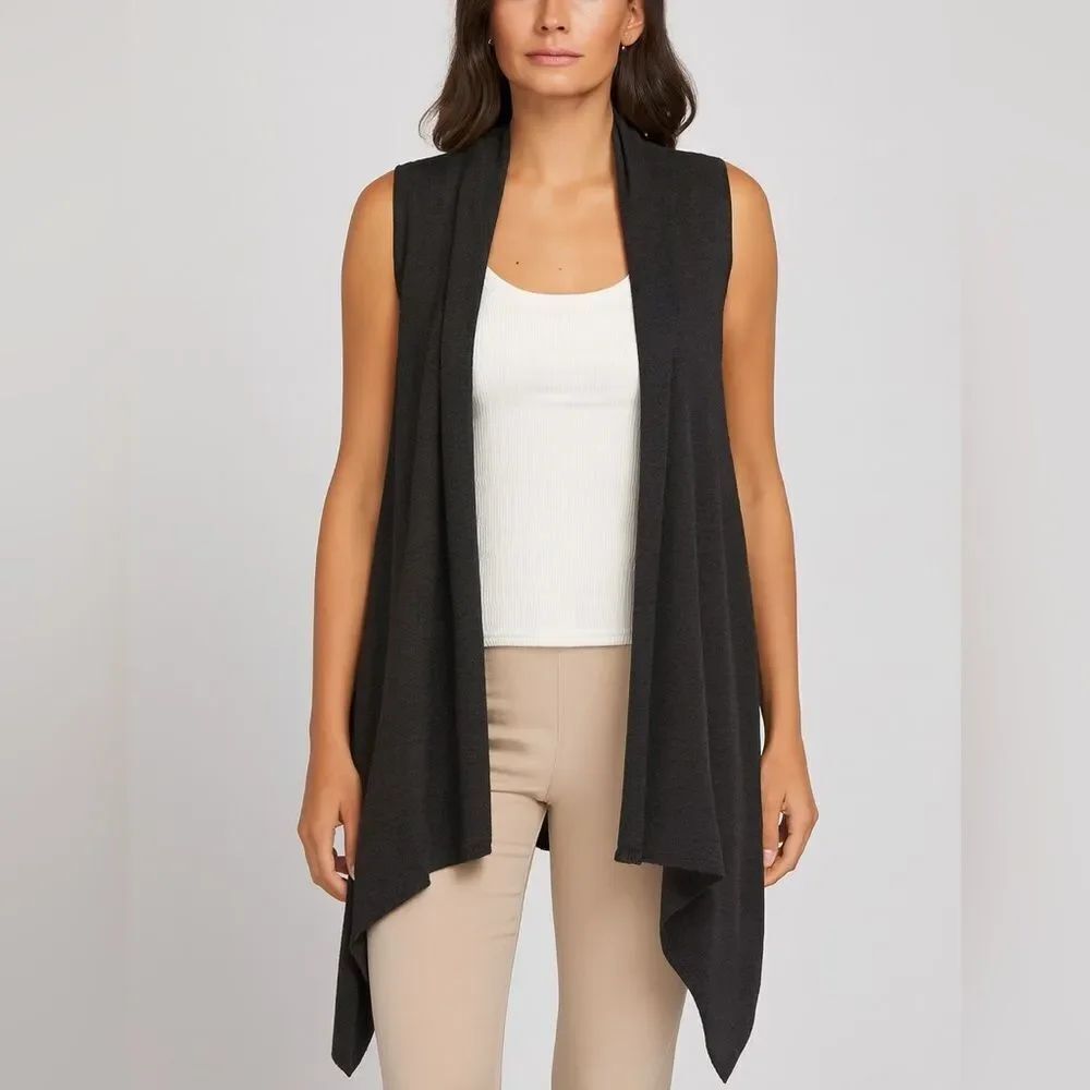 Eileen Fisher Merino Wool Long Draped Vest Sweater Charcoal Gray Size PS
